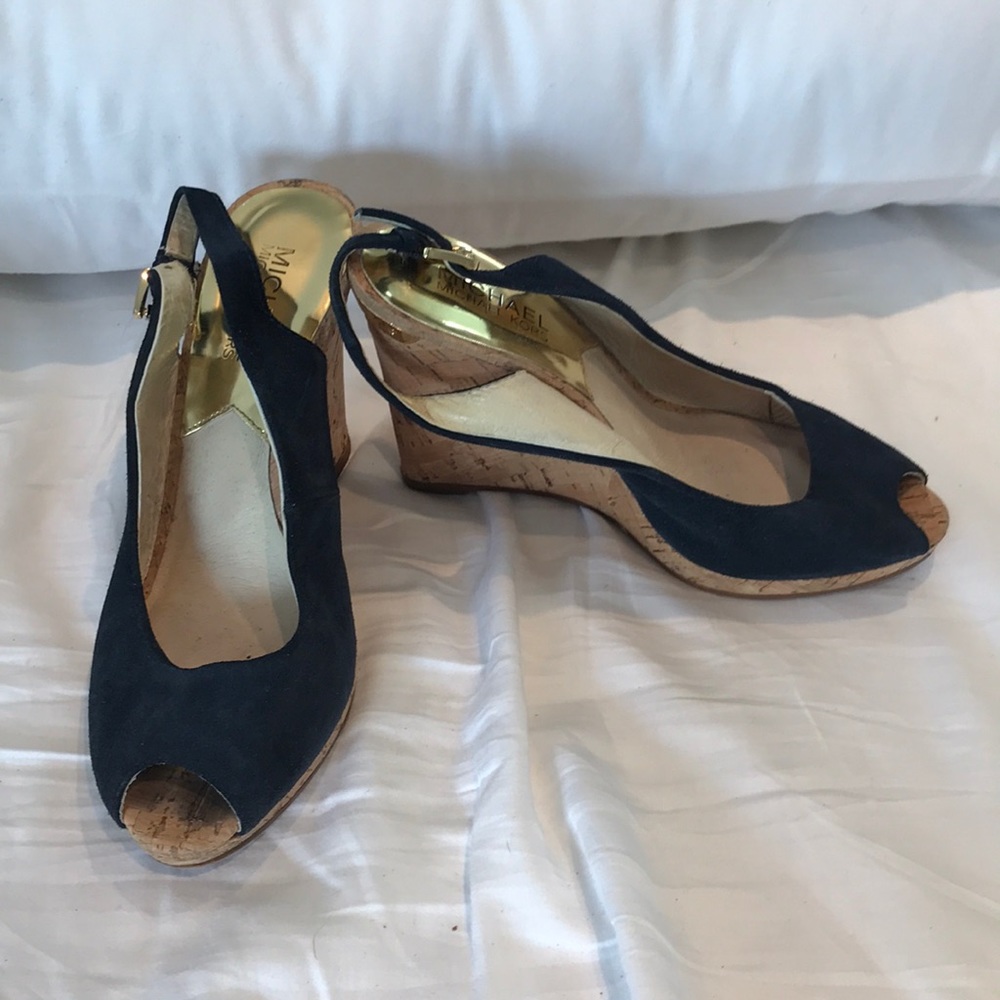 Michael Kors navy blue suede peep toe cork wedges